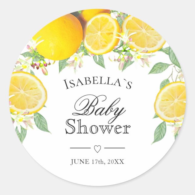 Modern Lemon Boho Summer Baby Shower Classic Round Sticker (Front)