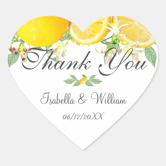 Modern Lemon Boho Summer Wedding Thank You Heart Sticker (Front)
