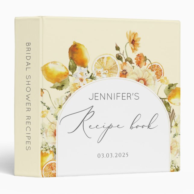 Modern lemon Bridal Shower Recipe Book 3 Ring Binder (Front/Spine)