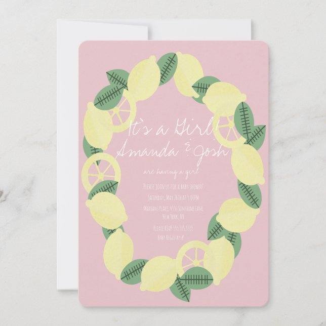 Modern Lemon Citrus Bunch Wreath Girls Baby Shower Invitation (Front)