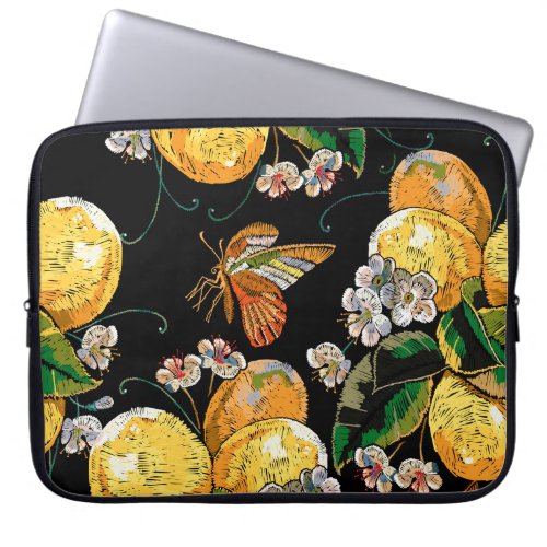 Modern Lemon Citrus Floral Butterfly Pattern Laptop Sleeve