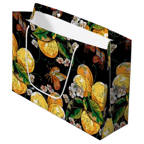 Modern Lemon Citrus Floral Butterfly Pattern Large Gift Bag