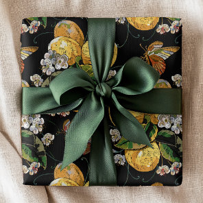 Modern Lemon Citrus Floral Butterfly Pattern Wrapping Paper