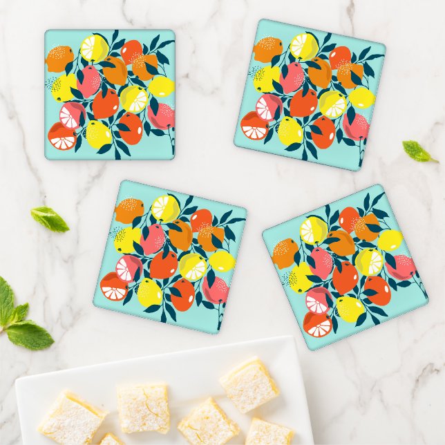 Modern Lemon Citrus Fruit Art Coaster Set (In Situ)