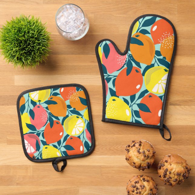 Modern Lemon Citrus Fruit Art Oven Mitt & Pot Holder Set (Top Down)