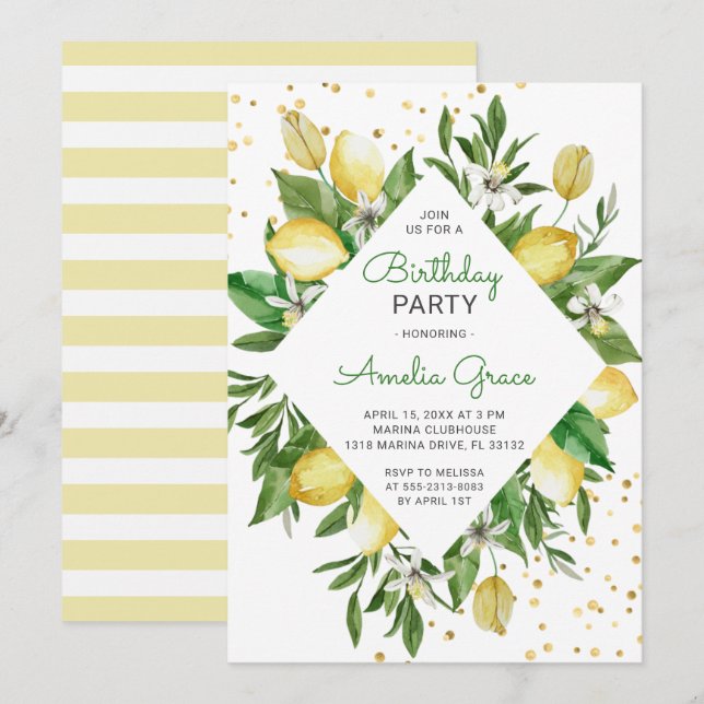 Modern Lemon Citrus Mediterranean Birthday Party Invitation (Front/Back)