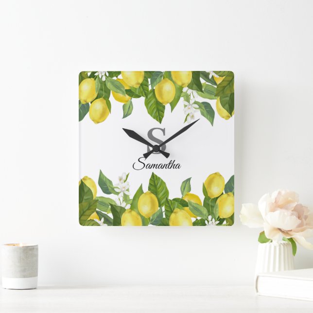 Modern Lemon Citrus Monogram Name Square Wall Clock (Home)