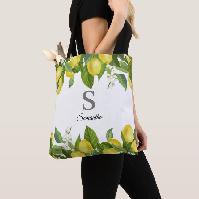 Modern Lemon Citrus Monogram  Tote Bag (Close Up)