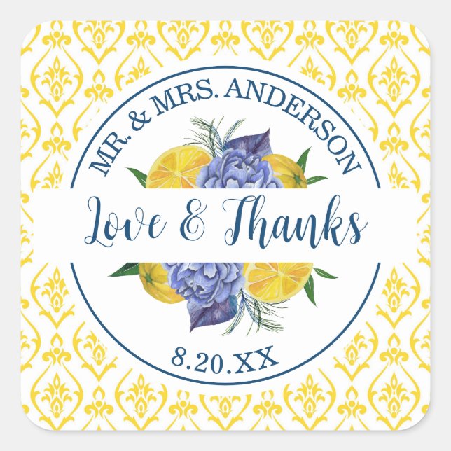 Modern Lemon Citrus Summer Wedding  Square Sticker (Front)