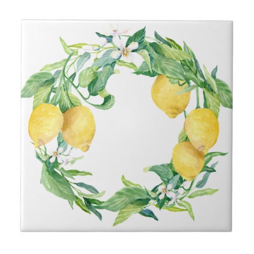 Modern Lemon Citrus Watercolor Greenery Wreath Ceramic Tile