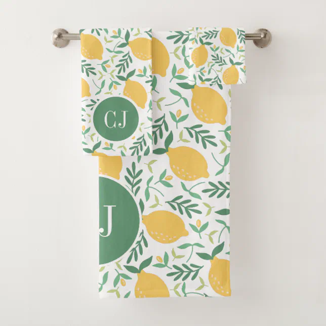 Modern Lemon Citrus Yellow Green Leaves Monogram Bath Towel Set | Zazzle