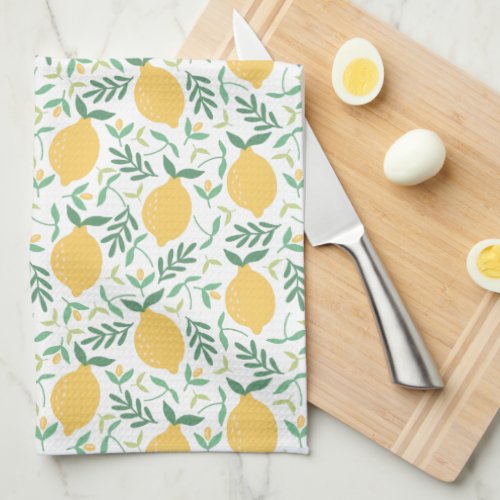 Modern Lemon Citrus Yellow Green Leaves Monogram Kitchen Towel