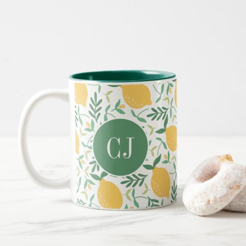 Modern Lemon Citrus Yellow Green Leaves Monogram Two_Tone Coffee Mug