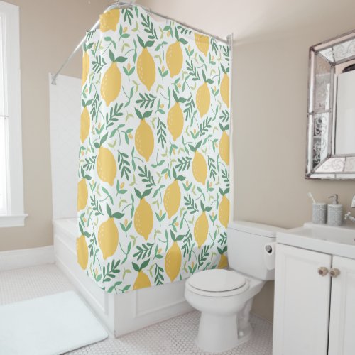 Modern Lemon Citrus Yellow Summer Greenery Leaves Shower Curtain