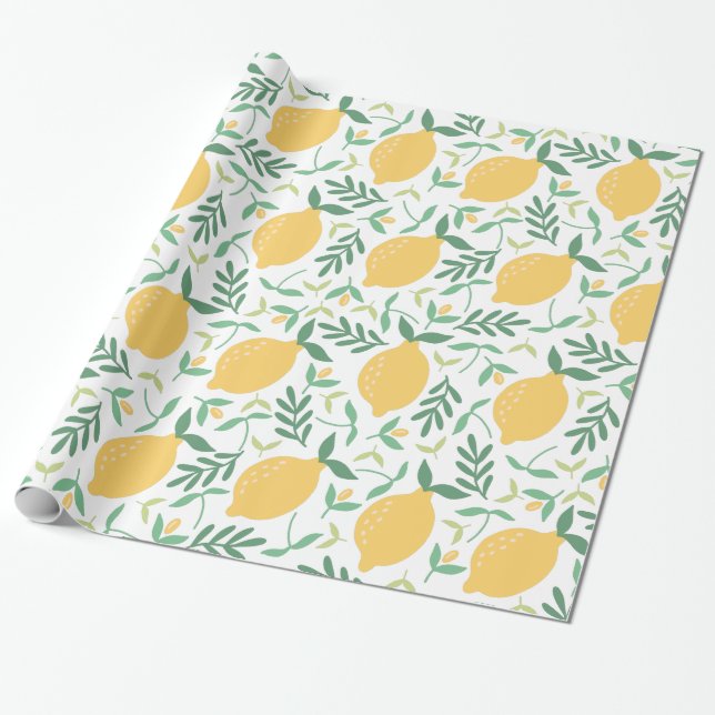 Modern Lemon Citrus Yellow Summer Greenery Pattern Wrapping Paper (Unrolled)
