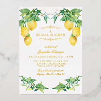 Modern Lemon Elegant Floral Gold Bridal Shower Foil Invitation