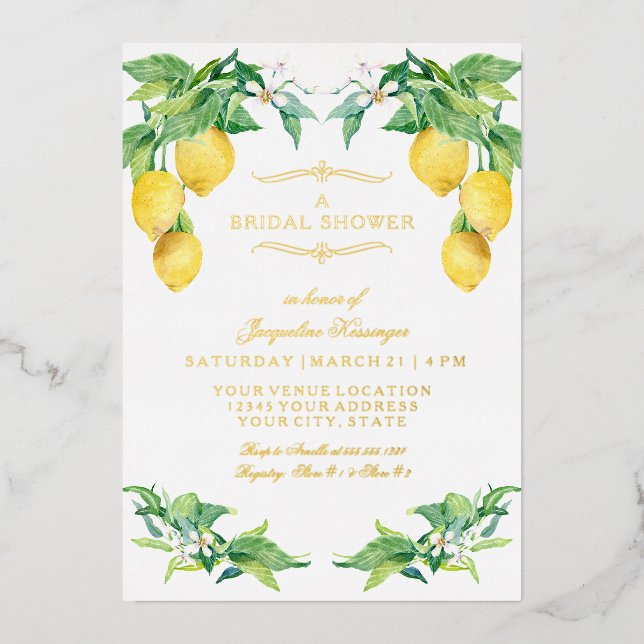 Modern Lemon Elegant Floral Gold Bridal Shower Foil Invitation (Front)