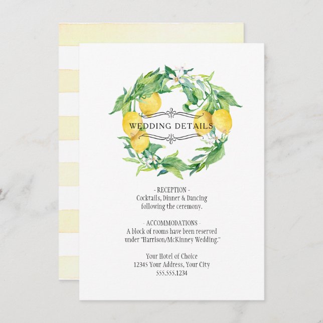 Modern Lemon Floral Citrus Foliage Wedding Details Invitation (Front/Back)