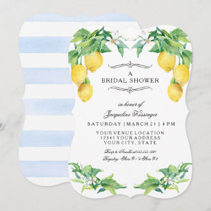 Modern Lemon Floral Elegant Blue Bridal Shower Invitation