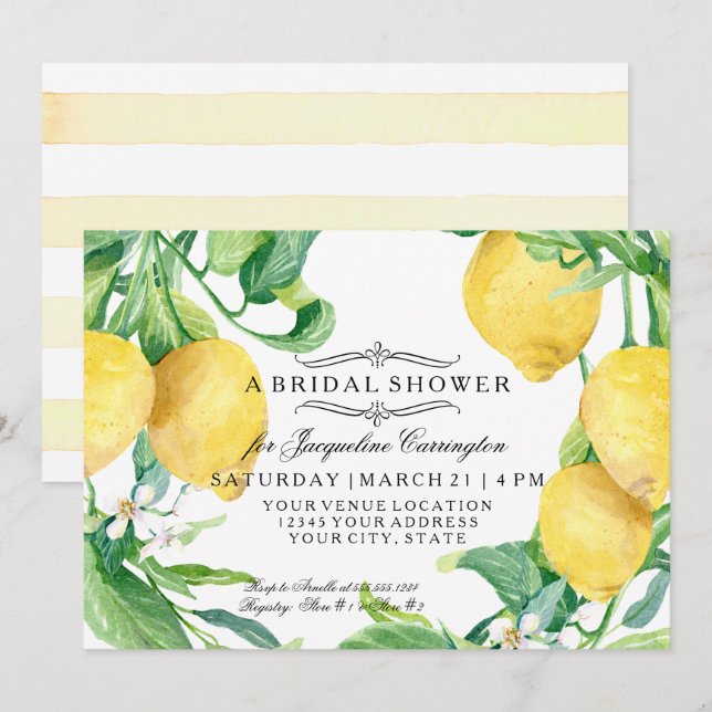 Modern Lemon Floral Flower Blossom Bridal Shower Invitation (Front/Back)