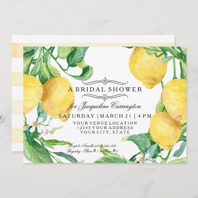 Modern Lemon Floral Flower Blossom Bridal Shower Invitation (Front/Back)