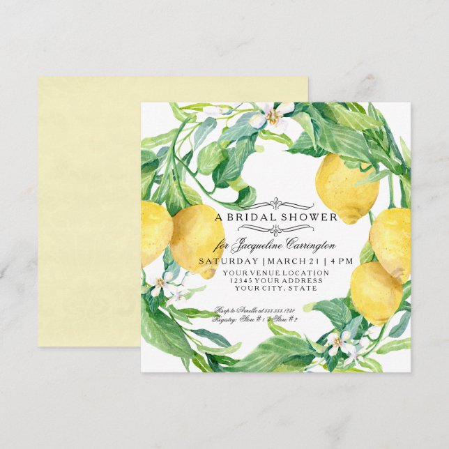 Modern Lemon Floral Flower Wreath Bridal Shower Invitation (Front/Back)