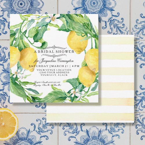 Modern Lemon Floral Flower Wreath Bridal Shower Invitation