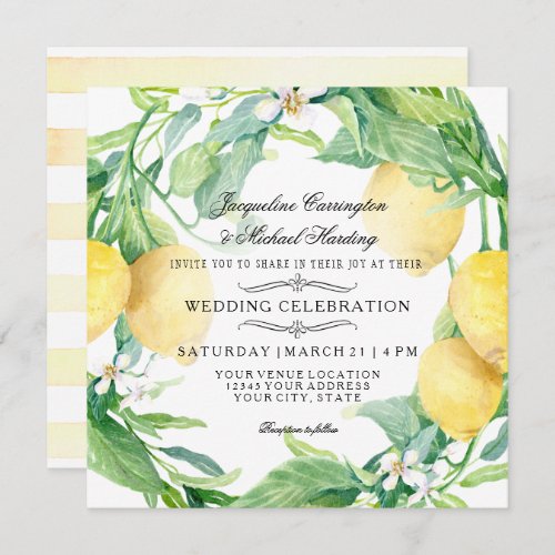 Modern Lemon Floral Flower Wreath Citrus Wedding Invitation