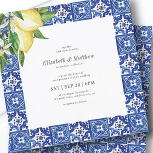 Modern Lemon Foliage Blue Mediterranean Wedding Invitation