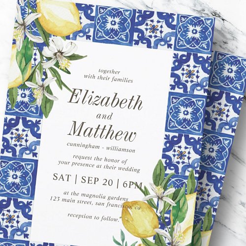 Modern Lemon Foliage Blue Mediterranean Wedding Invitation