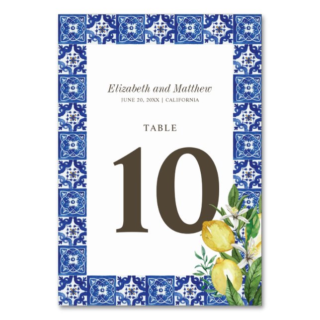 Modern Lemon Foliage Blue Mediterranean Wedding Table Number (Front)
