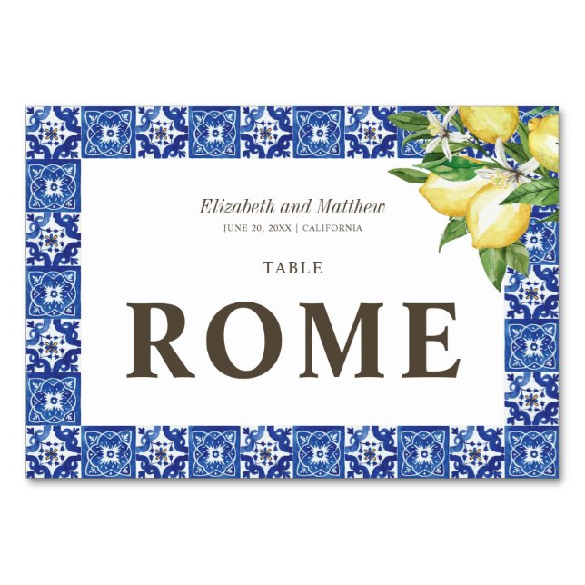 Modern Lemon Foliage Blue Mediterranean Wedding Table Number (Front)