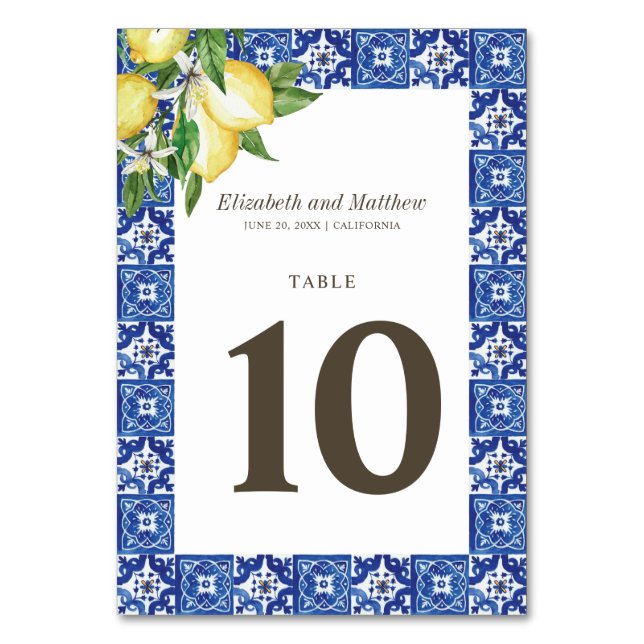 Modern Lemon Foliage Blue Mediterranean Wedding Table Number (Front)