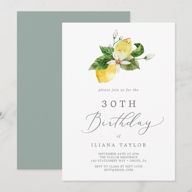 Modern Lemon Garden 30th Birthday Invitation (Front/Back)