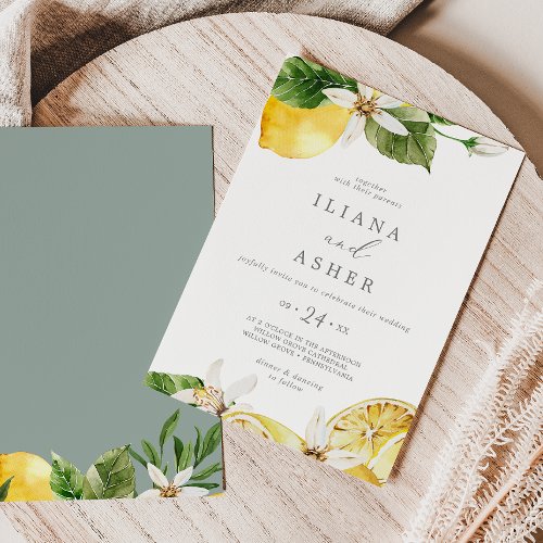 Modern Lemon Garden Casual Floral Backing Wedding Invitation