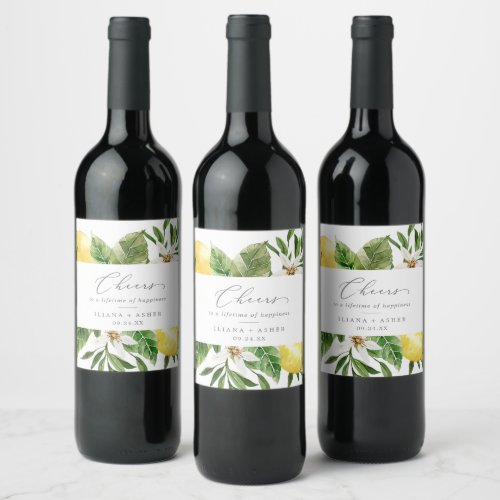 Modern Lemon Garden Cheers Wedding Wine Label