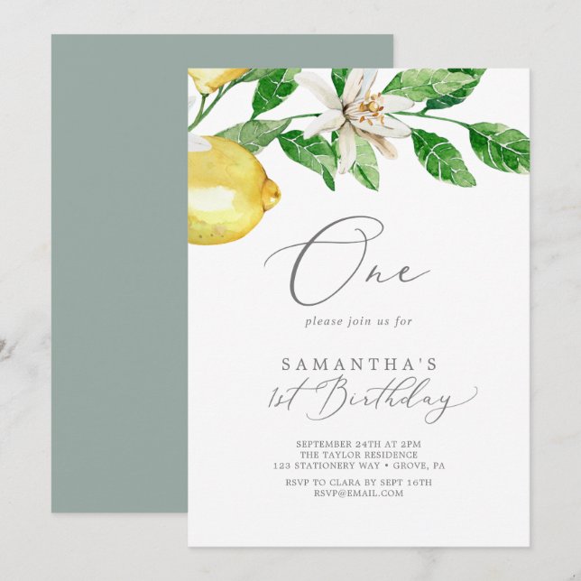 Modern Lemon Garden First Birthday Party Invitation (Front/Back)