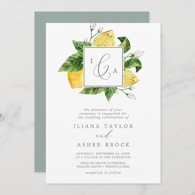 Modern Lemon Garden Formal Monogram Wedding Invitation (Front/Back)