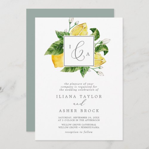 Modern Lemon Garden Formal Monogram Wedding Invitation