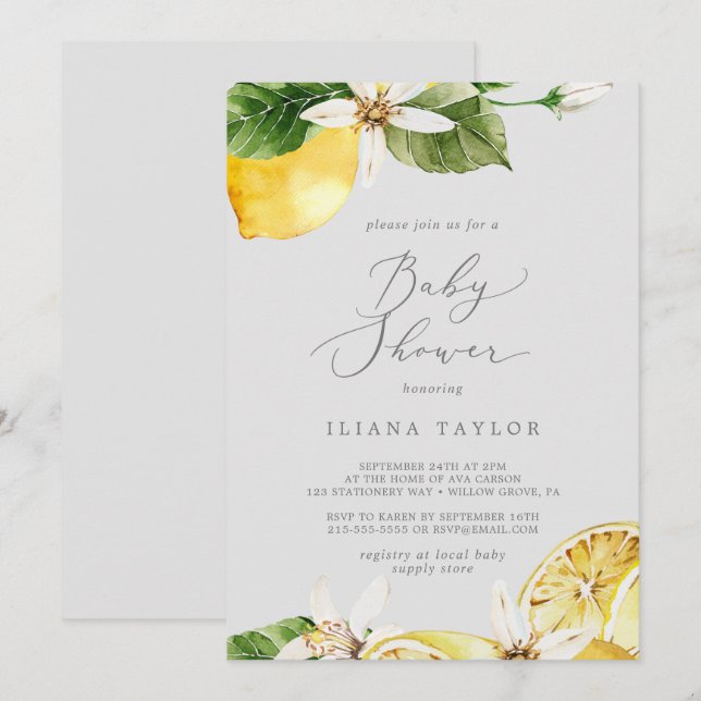 Modern Lemon Garden | Gray Baby Shower Invitation (Front/Back)
