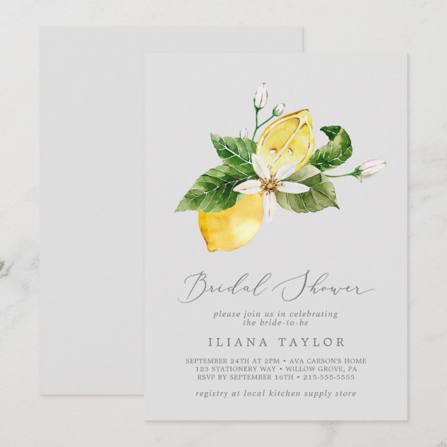 Modern Lemon Garden | Gray Bridal Shower Invitation (Front/Back)