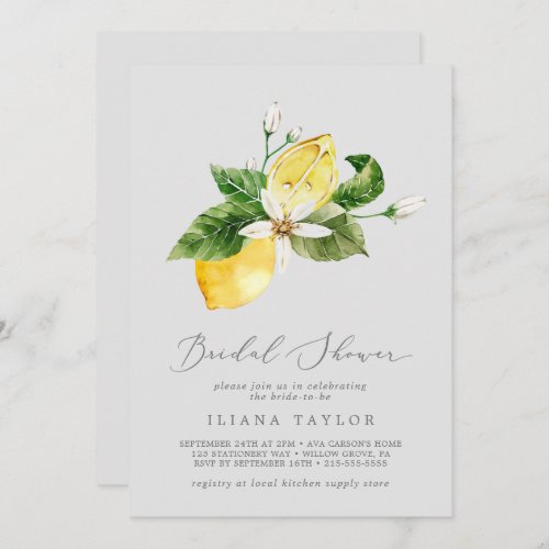 Modern Lemon Garden  Gray Bridal Shower Invitation