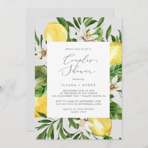 Modern Lemon Garden  Gray Couples Shower Invitation