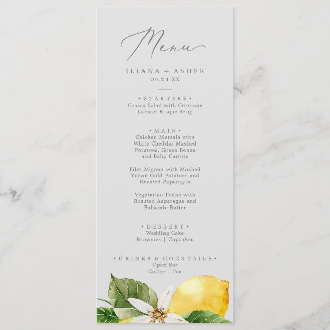 Modern Lemon Garden | Gray Wedding Dinner Menu (Front)