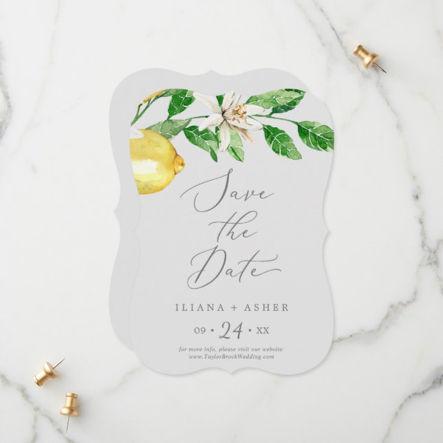 Modern Lemon Garden | Gray Wedding Save The Date (Front/Back In Situ)