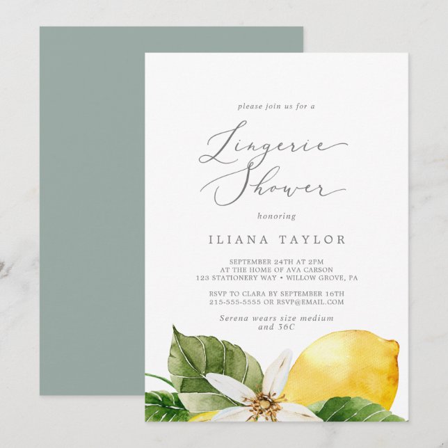 Modern Lemon Garden Lingerie Shower Invitation (Front/Back)