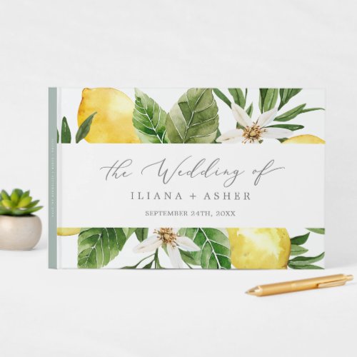 Modern Lemon Garden Monogram Back Wedding Guest Book