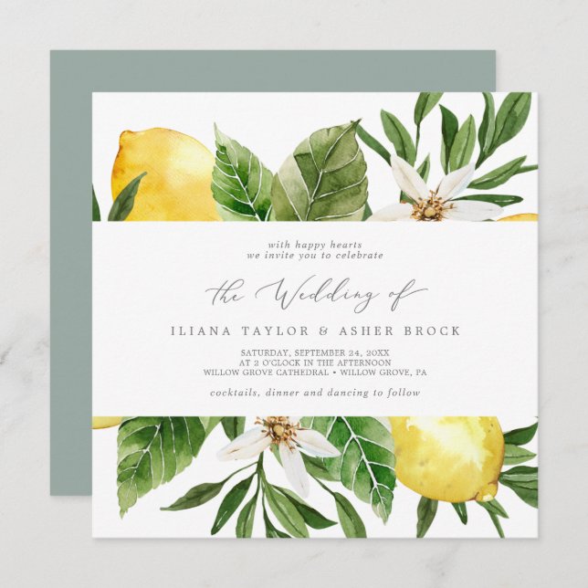 Modern Lemon Garden Square Wedding Invitation (Front/Back)
