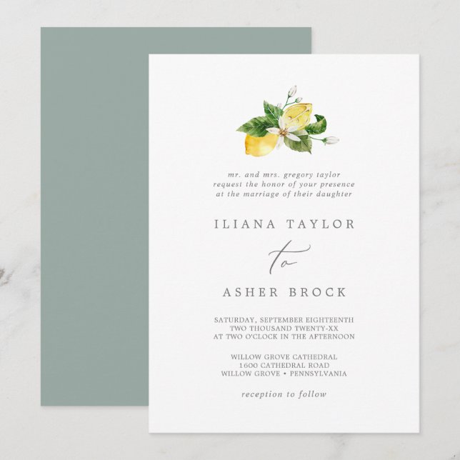 Modern Lemon Garden Traditional Wedding Invitation (Front/Back)