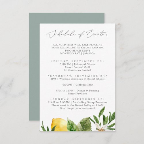 Modern Lemon Garden Wedding Schedule of Events Enclosure Card